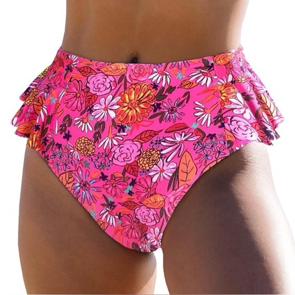 Sporlike Other - Floral High-Waist Bikini Bottom in Hot Pink